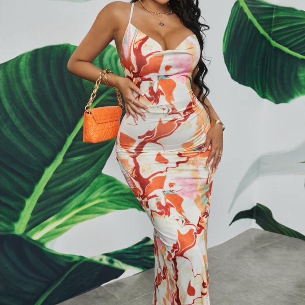 SHEIN SXY Tie Dye Lace Up Backless Split Thigh Dress